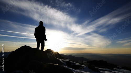Silhouette of a Man Standing on Mountain Peak at Sunset