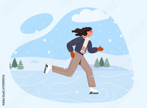 Woman at skating rink. Young girl in warm clothes at ice. Winter outdoor leisure and rest. Character in cold and snowy weather. Christmas and New Year. Cartoon flat vector illustration
