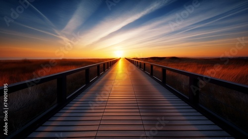 Serene Sunrise View on a Wooden Boardwalk by the Beach with Stunning Sky
