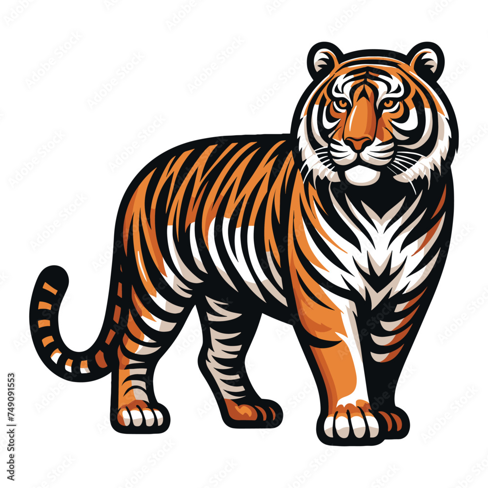 Obraz premium Wild tiger full body vector illustration, zoology illustration, animal predator big cat design template isolated on white background
