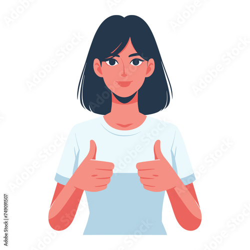 Woman giving thumbs up vector illustration, happy girl showing OK gesture, approval sign, positive emotion, work done sign design template isolated on white background