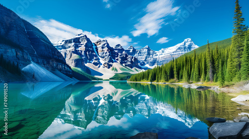 Spectacular Panorama of Untouched Wilderness: Lake, Foliage, and Snow-Capped Mountains © Vernon