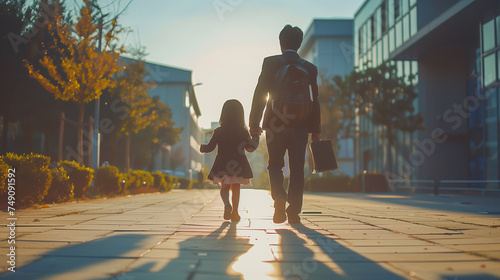 first day at school. father leads a little child school girl in first grade walking on the street in the morning