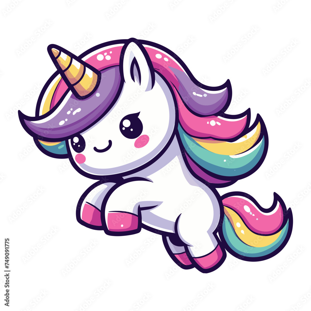 Cute unicorn cartoon character vector illustration, happy adorable magic unicorn with rainbow mane and tail design template isolated on white background Cute unicorn cartoon character vector illustration, happy adorable magic unicorn with rainbow mane and tail design template isolated on white background