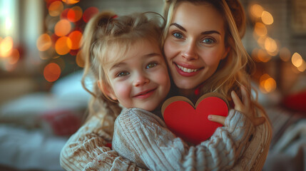 Cheerful mother hugging son and reading handmade greeting card with heart while resting on bed during holiday celebration mothers day at home indoor