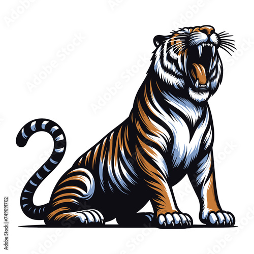 Wild roaring tiger full body vector illustration, zoology illustration, animal predator big cat design template isolated on white background