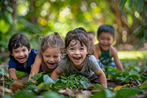 Joyful Multiethnic Children Playing and Laughing Together on a Lush Green Lawn in a Park