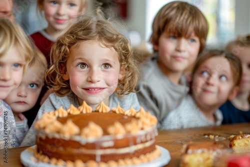Group of Happy Children Celebrating Birthday with Excited Little Girl and Delicious Cake on Table