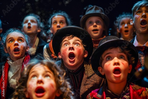 Group of Children in Theatrical Costumes Expressing Surprise and Amazement on Stage photo