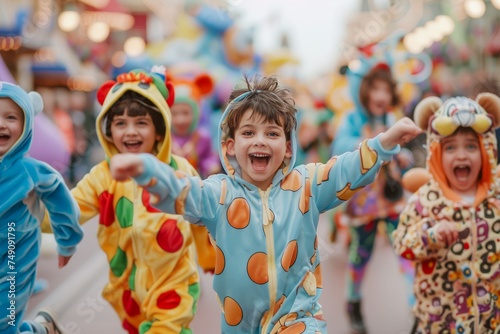 Joyful Children in Colorful Animal Costumes Celebrating at a Festive Parade on a Sunny Day