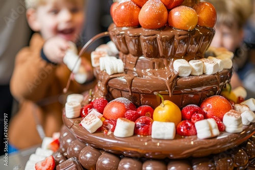 Delicious Chocolate Fountain with Fresh Fruit and Marshmallows at Festive Event, Children Enjoying Sweet Treats in the Background photo