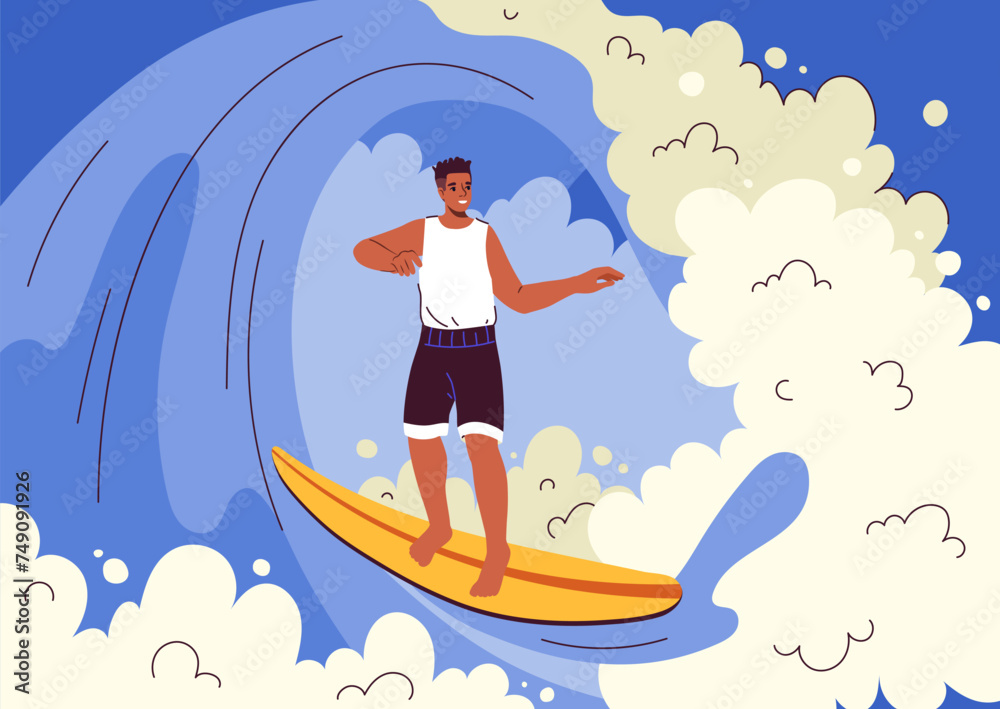 Summer scene with surfer. Man with surfboard. Active lifestyle and leisure, extreme sports. Holiday and vacation in tropical and exotic countries. Cartoon flat vector illustration