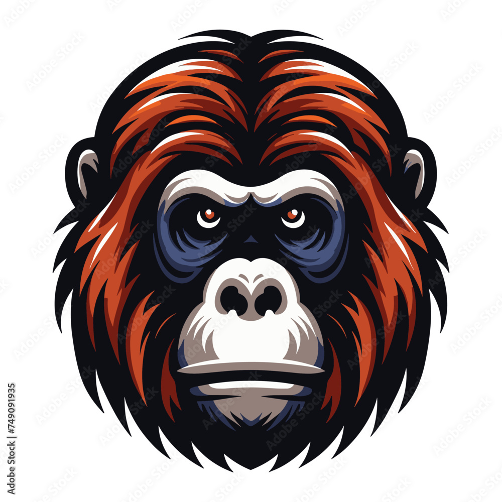 Fototapeta premium Wild orangutan primate head face vector illustration, orangutan monkey ape logo design template isolated on white background