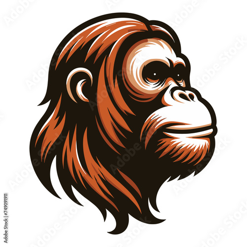 Wild orangutan primate head face vector illustration, orangutan monkey ape logo design template isolated on white background