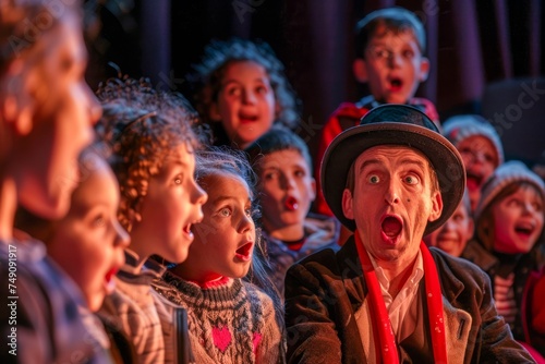 Enthusiastic Children's Choir Performing on Stage with Expressive Conductor in Theater Setting © pisan