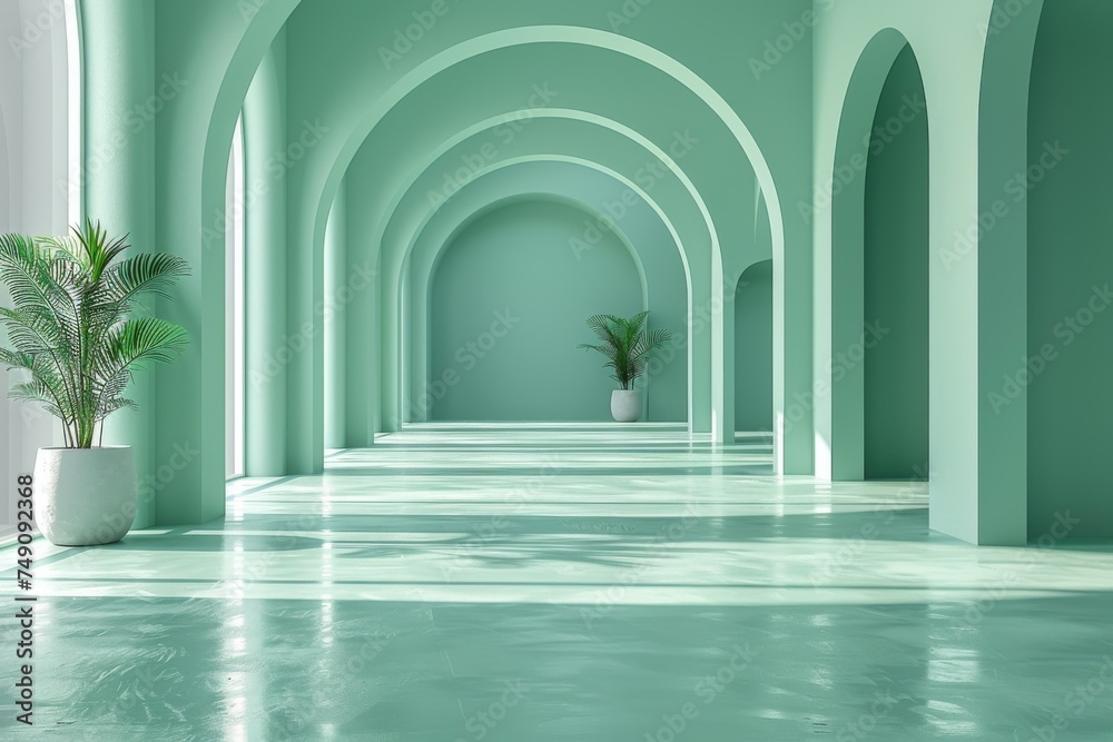 Green Room With Arches and Potted Plant