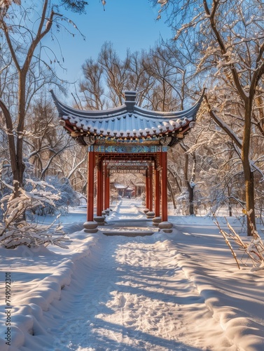 Snowy Path Leading to Pagoda in Park © hakule