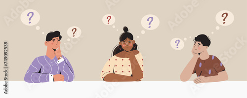 Thoughtful people set. Men and woman with question marks. Confused young guys and girl. Students trying to find solution and decision. Cartoon flat vector collection isolated on beige background