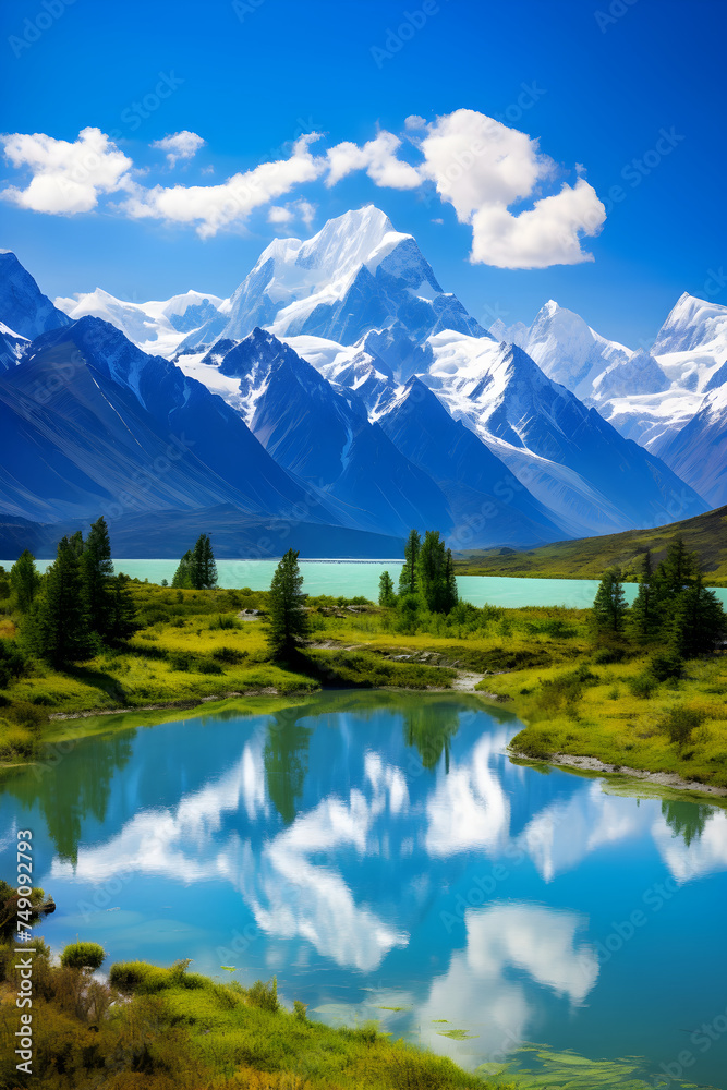 Spectacular Panorama of Untouched Wilderness: Lake, Foliage, and Snow-Capped Mountains