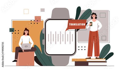 Translator watch concept. Two women with gadgets and devices. Modern technologies and innovations. Application for international communication and interaction. Cartoon flat vector illustration