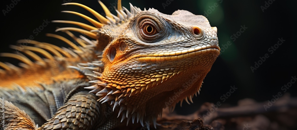 This close-up image showcases the intricate details of a bearded lizard against a black background. The lizards scales and texture are visible, emphasizing its unique features. This close-up image showcases the intricate details of a bearded lizard against a black background. The lizards scales and texture are visible, emphasizing its unique features.