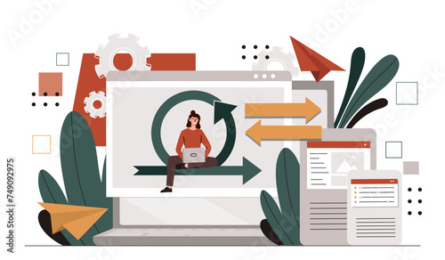 Woman user with laptop. Young girl sitting with pc. Files and documents exchange on internet. Electronic storage and archive. Modern technologies and innovations. Cartoon flat vector illustration