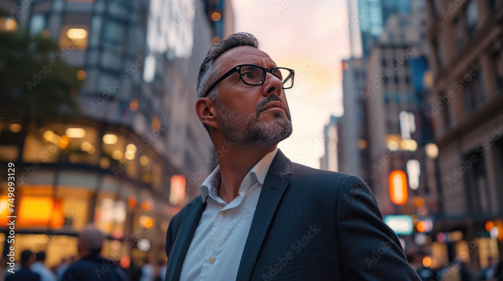 Mature male executive standing confidently at a busy urban street intersection at dusk, looking towards the sky, imagining future business success Mature male executive standing confidently at a busy urban street intersection at dusk, looking towards the sky, imagining future business success