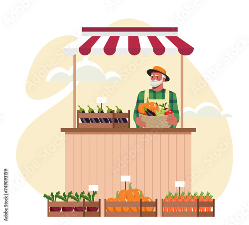Vegetable farm market. Old man with natural and organic products. Healthy eating. Support your local shop. Pumpkins, carrots, eggplants and cabbage. Cartoon flat vector illustration