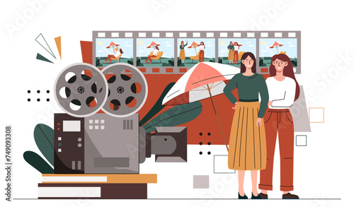 Videographers team concept. Two women with movie camera and umbrella. Film induistry, TV series and movie production. Cartoon flat vector illustration isolated on white background