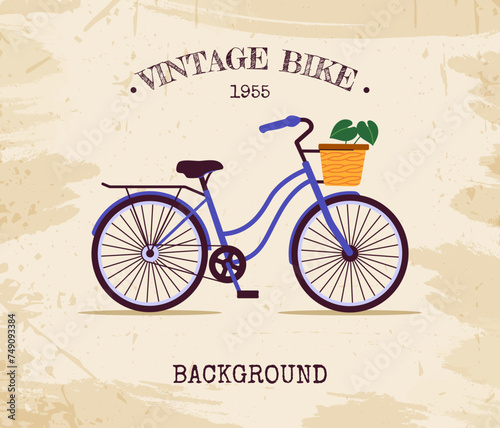 Vintage bike background. Bicycle with flowerpot with plants. Eco friendly transport. Active lifestyle and leisure outdoor. Travel and trip. Poster or banner. Cartoon flat vector illustration