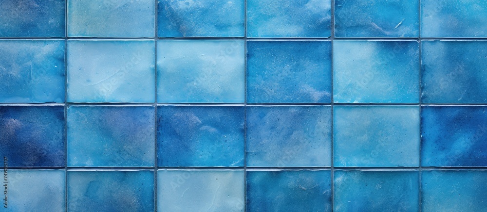 Detailed view of a blue ceramic tile wall, showcasing the texture and color variation of the tiles. Each tile is arranged in a precise pattern, creating a uniform and structured appearance. Detailed view of a blue ceramic tile wall, showcasing the texture and color variation of the tiles. Each tile is arranged in a precise pattern, creating a uniform and structured appearance.