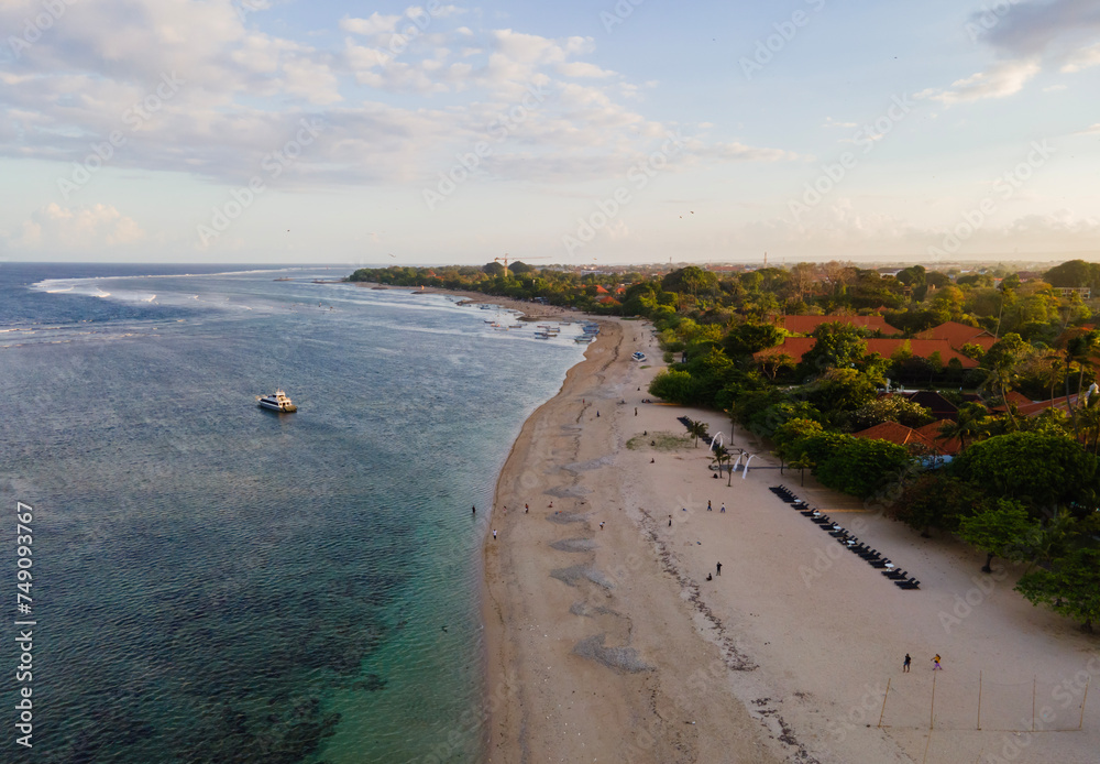 The beauty of Sanur Beach in Bali seen from a height.  Sanur Beach is one of the favorite tourist destinations on the island of Bali, Indonesia.