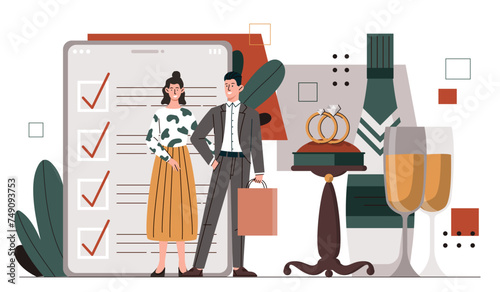 People with wedding planner. Man and woman near notepad and golden rings with diamonds. Event organization and management. Marriage ceremony preparation. Cartoon flat vector illustration