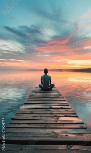Man meditating on a pier at sunset