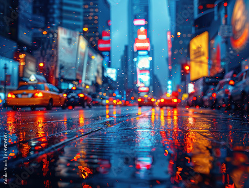 A vivid cityscape showcasing the glow of neon lights reflecting on a wet street surface during nighttime