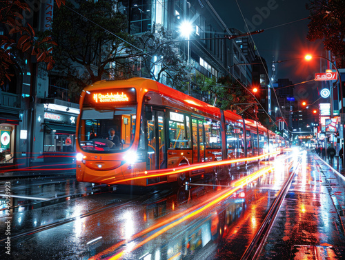The image captures the essence of urban life with a bright tram moving through a city street, reflecting on wet surfaces after rain