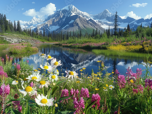 A serene mountain landscape showcasing blooming wildflowers, a crystal-clear lake, and majestic mountains under a blue sky