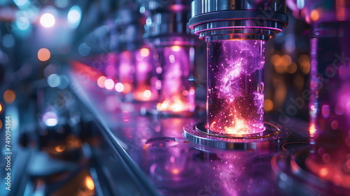 Glowing Purple Tube on a Shelf; Mysterious Light Source in a Capsule,  Purple Light emanating from a Cylinder; Futuristic Capsule Light