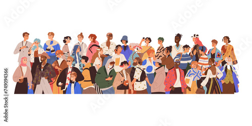 Crowd of people group, Active fans audience with hands up standing together. Young men and women. Flat vector illustration isolated on white background