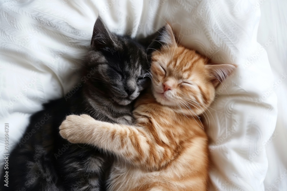 Ginger and gray cat sleeping and hugging on a white blanket