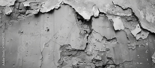 In this black and white scene, layers of peeling paint expose the history of a weathered surface. The cracked and crumbling paint creates a textured and worn appearance.