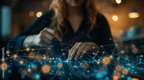 Business woman drawing global structure networking and data exchanges customer connection on dark background.