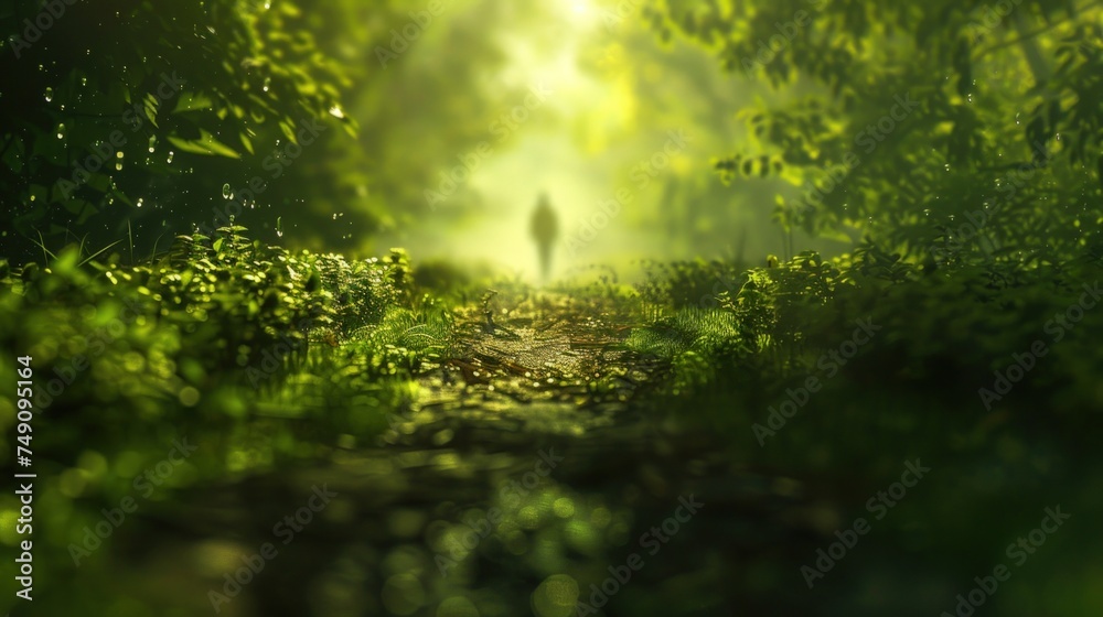 Fototapeta premium person walking along a quiet, still forest path.