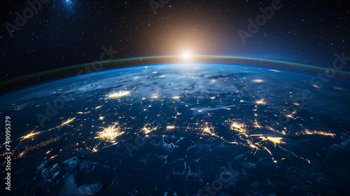 Planet Earth from space. Flickering lights of cities. Map of the mainland. Global communications system and the World Wide Web. Technologies and communications. Globalization. Luminous sphere.