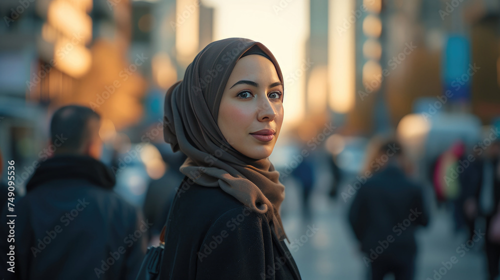 Middle Eastern Muslim woman executive standing in the middle of a busy city street at dusk with an office environment in the background, looking towards the sky, imagining future business success