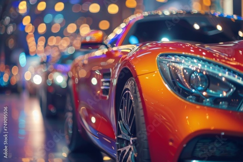 Red sports car in car dealership with bokeh effects and lights © InfiniteStudio