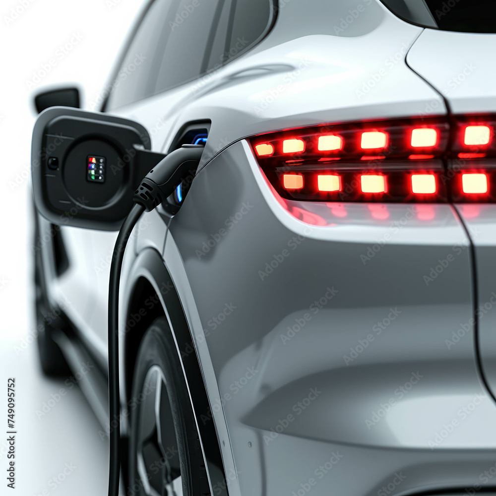 Experience the sleek design of an EV car in charge with its charging plug. Against a pristine white background, this image captures the essence of modern electric transportation. AI generative.