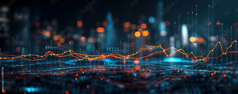 Immerse yourself in the intricate details of a financial chart against the backdrop of a vibrant city skyline. Enhanced by ray tracing and AI generative technology, it's a visual spectacle. - obrazy, fototapety, plakaty 