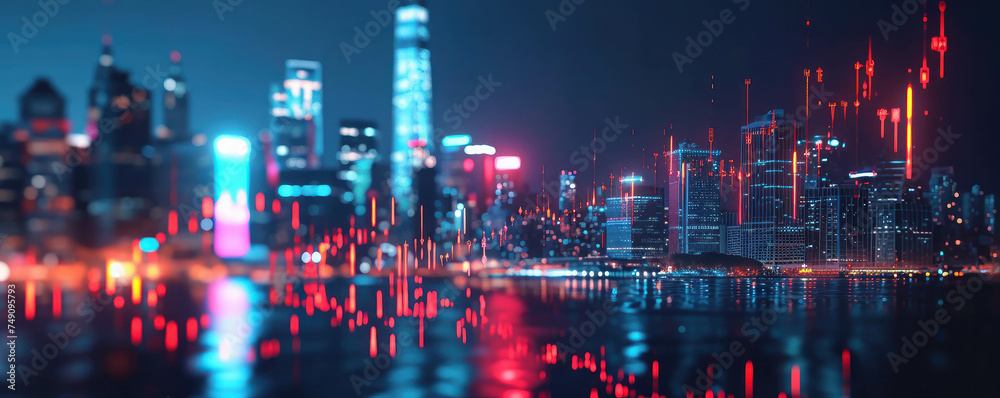 Experience the allure of financial data amidst a captivating urban backdrop at night. Ray tracing and AI generative technology combine to create a mesmerizing canvas of squiggly lines. - obrazy, fototapety, plakaty 
