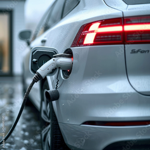 In this captivating image, an EV car is seen charging with its plug, highlighted against a white backdrop. The minimalistic white color theme adds elegance to the scene. AI generative.